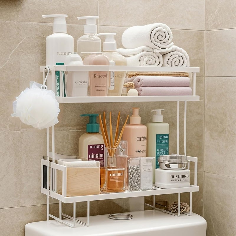 Power King Over The Toilet Storage Shelf, 2-Tier Bathroom Organizer Rack with 2 Hooks, No-Drill, Rust-Resistant Steel, Toilet Paper Holder for Restroom Bathroom, White - Image 1